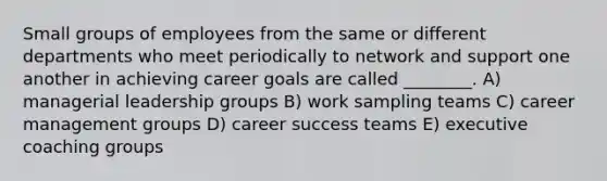 Small groups of employees from the same or different departments who meet periodically to network and support one another in achieving career goals are called ________. A) managerial leadership groups B) work sampling teams C) career management groups D) career success teams E) executive coaching groups