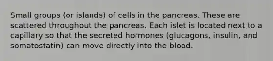 Small groups (or islands) of cells in the pancreas. These are scattered throughout the pancreas. Each islet is located next to a capillary so that the secreted hormones (glucagons, insulin, and somatostatin) can move directly into the blood.