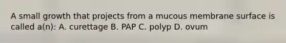 A small growth that projects from a mucous membrane surface is called a(n): A. curettage B. PAP C. polyp D. ovum