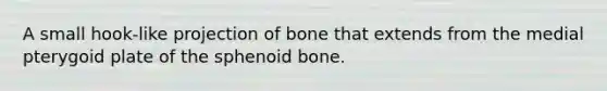 A small hook-like projection of bone that extends from the medial pterygoid plate of the sphenoid bone.