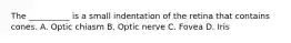 The __________ is a small indentation of the retina that contains cones. A. Optic chiasm B. Optic nerve C. Fovea D. Iris