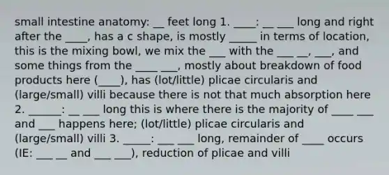 small intestine anatomy: __ feet long 1. ____: __ ___ long and right after the ____, has a c shape, is mostly _____ in terms of location, this is the mixing bowl, we mix the ___ with the ___ __, ___, and some things from the ____ ___, mostly about breakdown of food products here (____), has (lot/little) plicae circularis and (large/small) villi because there is not that much absorption here 2. ______: __ ___ long this is where there is the majority of ____ ___ and ___ happens here; (lot/little) plicae circularis and (large/small) villi 3. _____: ___ ___ long, remainder of ____ occurs (IE: ___ __ and ___ ___), reduction of plicae and villi