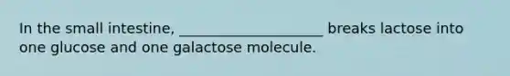 ​In the small intestine, ____________________ breaks lactose into one glucose and one galactose molecule.