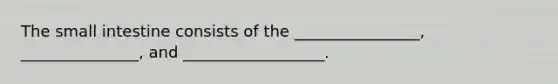 The small intestine consists of the ________________, _______________, and __________________.