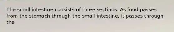 The small intestine consists of three sections. As food passes from the stomach through the small intestine, it passes through the