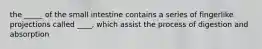 the _____ of the small intestine contains a series of fingerlike projections called ____, which assist the process of digestion and absorption