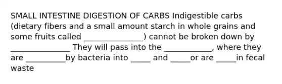 SMALL INTESTINE DIGESTION OF CARBS Indigestible carbs (dietary fibers and a small amount starch in whole grains and some fruits called _______________) cannot be broken down by _______________ They will pass into the ____________, where they are __________by bacteria into _____ and _____or are _____in fecal waste