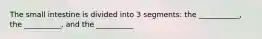 The small intestine is divided into 3 segments: the ___________, the __________, and the __________