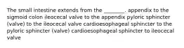 The small intestine extends from the ________. appendix to the sigmoid colon ileocecal valve to the appendix pyloric sphincter (valve) to the ileocecal valve cardioesophageal sphincter to the pyloric sphincter (valve) cardioesophageal sphincter to ileocecal valve