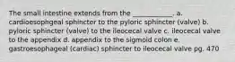 The small intestine extends from the ____________. a. cardioesophgeal sphincter to the pyloric sphincter (valve) b. pyloric sphincter (valve) to the ileocecal valve c. ileocecal valve to the appendix d. appendix to the sigmoid colon e. gastroesophageal (cardiac) sphincter to ileocecal valve pg. 470