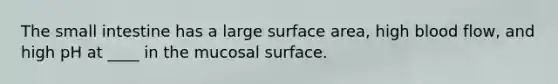 The small intestine has a large surface area, high blood flow, and high pH at ____ in the mucosal surface.