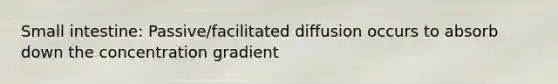 Small intestine: Passive/facilitated diffusion occurs to absorb down the concentration gradient