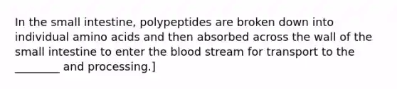 In the small intestine, polypeptides are broken down into individual amino acids and then absorbed across the wall of the small intestine to enter the blood stream for transport to the ________ and processing.]