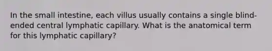 In the small intestine, each villus usually contains a single blind-ended central lymphatic capillary. What is the anatomical term for this lymphatic capillary?