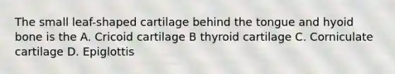 The small leaf-shaped cartilage behind the tongue and hyoid bone is the A. Cricoid cartilage B thyroid cartilage C. Corniculate cartilage D. Epiglottis