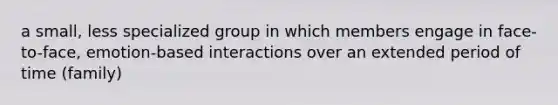 a small, less specialized group in which members engage in face-to-face, emotion-based interactions over an extended period of time (family)