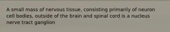 A small mass of nervous tissue, consisting primarily of neuron cell bodies, outside of the brain and spinal cord is a nucleus nerve tract ganglion