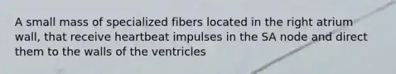 A small mass of specialized fibers located in the right atrium wall, that receive heartbeat impulses in the SA node and direct them to the walls of the ventricles