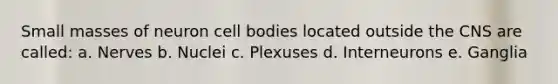 Small masses of neuron cell bodies located outside the CNS are called: a. Nerves b. Nuclei c. Plexuses d. Interneurons e. Ganglia