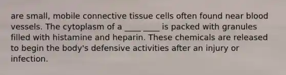 are small, mobile connective tissue cells often found near blood vessels. The cytoplasm of a ____ ____ is packed with granules filled with histamine and heparin. These chemicals are released to begin the body's defensive activities after an injury or infection.