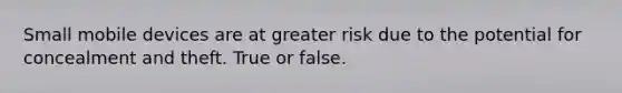 Small mobile devices are at greater risk due to the potential for concealment and theft. True or false.