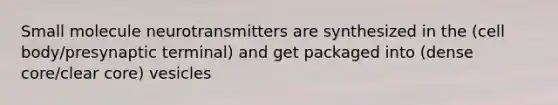 Small molecule neurotransmitters are synthesized in the (cell body/presynaptic terminal) and get packaged into (dense core/clear core) vesicles