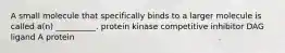 A small molecule that specifically binds to a larger molecule is called a(n) __________. protein kinase competitive inhibitor DAG ligand A protein