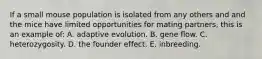 If a small mouse population is isolated from any others and and the mice have limited opportunities for mating partners, this is an example of: A. adaptive evolution. B. gene flow. C. heterozygosity. D. the founder effect. E. inbreeding.