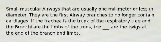 Small muscular Airways that are usually one millimeter or less in diameter. They are the first Airway branches to no longer contain cartilages. If the trachea is the trunk of the respiratory tree and the Bronchi are the limbs of the trees, the ___ are the twigs at the end of the branch and limbs.