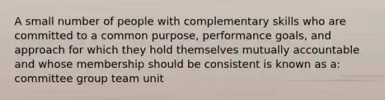 A small number of people with complementary skills who are committed to a common purpose, performance goals, and approach for which they hold themselves mutually accountable and whose membership should be consistent is known as a: committee group team unit