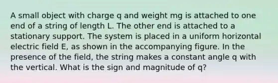 A small object with charge q and weight mg is attached to one end of a string of length L. The other end is attached to a stationary support. The system is placed in a uniform horizontal electric field E, as shown in the accompanying figure. In the presence of the field, the string makes a constant angle q with the vertical. What is the sign and magnitude of q?