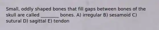 Small, oddly shaped bones that fill gaps between bones of the skull are called ________ bones. A) irregular B) sesamoid C) sutural D) sagittal E) tendon