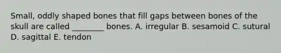 Small, oddly shaped bones that fill gaps between bones of the skull are called ________ bones. A. irregular B. sesamoid C. sutural D. sagittal E. tendon