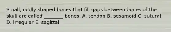 Small, oddly shaped bones that fill gaps between bones of the skull are called ________ bones. A. tendon B. sesamoid C. sutural D. irregular E. sagittal