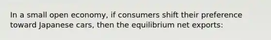 In a small open economy, if consumers shift their preference toward Japanese cars, then the equilibrium net exports: