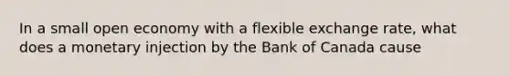 In a small open economy with a flexible exchange rate, what does a monetary injection by the Bank of Canada cause