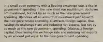 In a small open economy with a floating excahnge rate, a rise in government spending in the new short run equilibrium: A)chokes off investment, but not by as much as the new government spending. B)chokes off an amount of investment just equal to the new government spending. C)attracts foreign capital, thus raising the exchange r ate and reducing net exports, but not by as much as the new government spending. D)attracts foreign capital, thus raising the exchange rate and reducing net exports by an amount just equal to the new government spending.