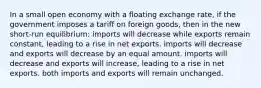 In a small open economy with a floating exchange rate, if the government imposes a tariff on foreign goods, then in the new short-run equilibrium: imports will decrease while exports remain constant, leading to a rise in net exports. imports will decrease and exports will decrease by an equal amount. imports will decrease and exports will increase, leading to a rise in net exports. both imports and exports will remain unchanged.