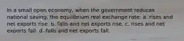 In a small open economy, when the government reduces national saving, the equilibrium real exchange rate: a. rises and net exports rise. b. falls and net exports rise. c. rises and net exports fall. d. falls and net exports fall.