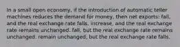 In a small open economy, if the introduction of automatic teller machines reduces the demand for money, then net exports: fall, and the real exchange rate falls. increase, and the real exchange rate remains unchanged. fall, but the real exchange rate remains unchanged. remain unchanged, but the real exchange rate falls.