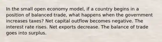 In the small open economy model, if a country begins in a position of balanced trade, what happens when the government increases taxes? Net capital outflow becomes negative. The interest rate rises. Net exports decrease. The balance of trade goes into surplus.