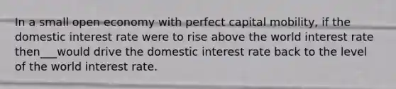 In a small open economy with perfect capital mobility, if the domestic interest rate were to rise above the world interest rate then___would drive the domestic interest rate back to the level of the world interest rate.