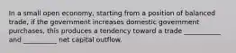 In a small open economy, starting from a position of balanced trade, if the government increases domestic government purchases, this produces a tendency toward a trade ___________ and __________ net capital outflow.