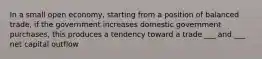 In a small open economy, starting from a position of balanced trade, if the government increases domestic government purchases, this produces a tendency toward a trade ___ and ___ net capital outflow