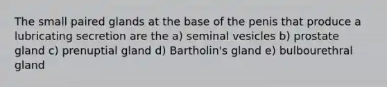 The small paired glands at the base of the penis that produce a lubricating secretion are the a) seminal vesicles b) prostate gland c) prenuptial gland d) Bartholin's gland e) bulbourethral gland