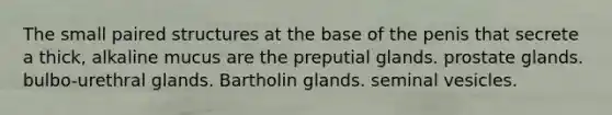 The small paired structures at the base of the penis that secrete a thick, alkaline mucus are the preputial glands. prostate glands. bulbo-urethral glands. Bartholin glands. seminal vesicles.