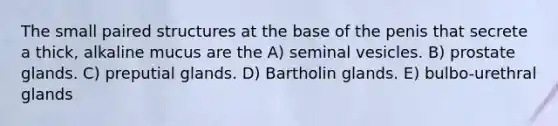 The small paired structures at the base of the penis that secrete a thick, alkaline mucus are the A) seminal vesicles. B) prostate glands. C) preputial glands. D) Bartholin glands. E) bulbo-urethral glands