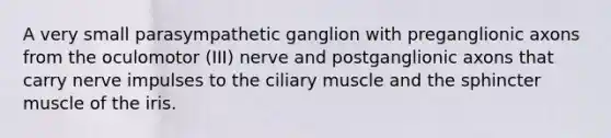 A very small parasympathetic ganglion with preganglionic axons from the oculomotor (III) nerve and postganglionic axons that carry nerve impulses to the ciliary muscle and the sphincter muscle of the iris.