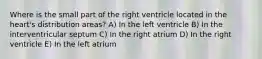 Where is the small part of the right ventricle located in the heart's distribution areas? A) In the left ventricle B) In the interventricular septum C) In the right atrium D) In the right ventricle E) In the left atrium