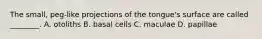 The small, peg-like projections of the tongue's surface are called ________. A. otoliths B. basal cells C. maculae D. papillae